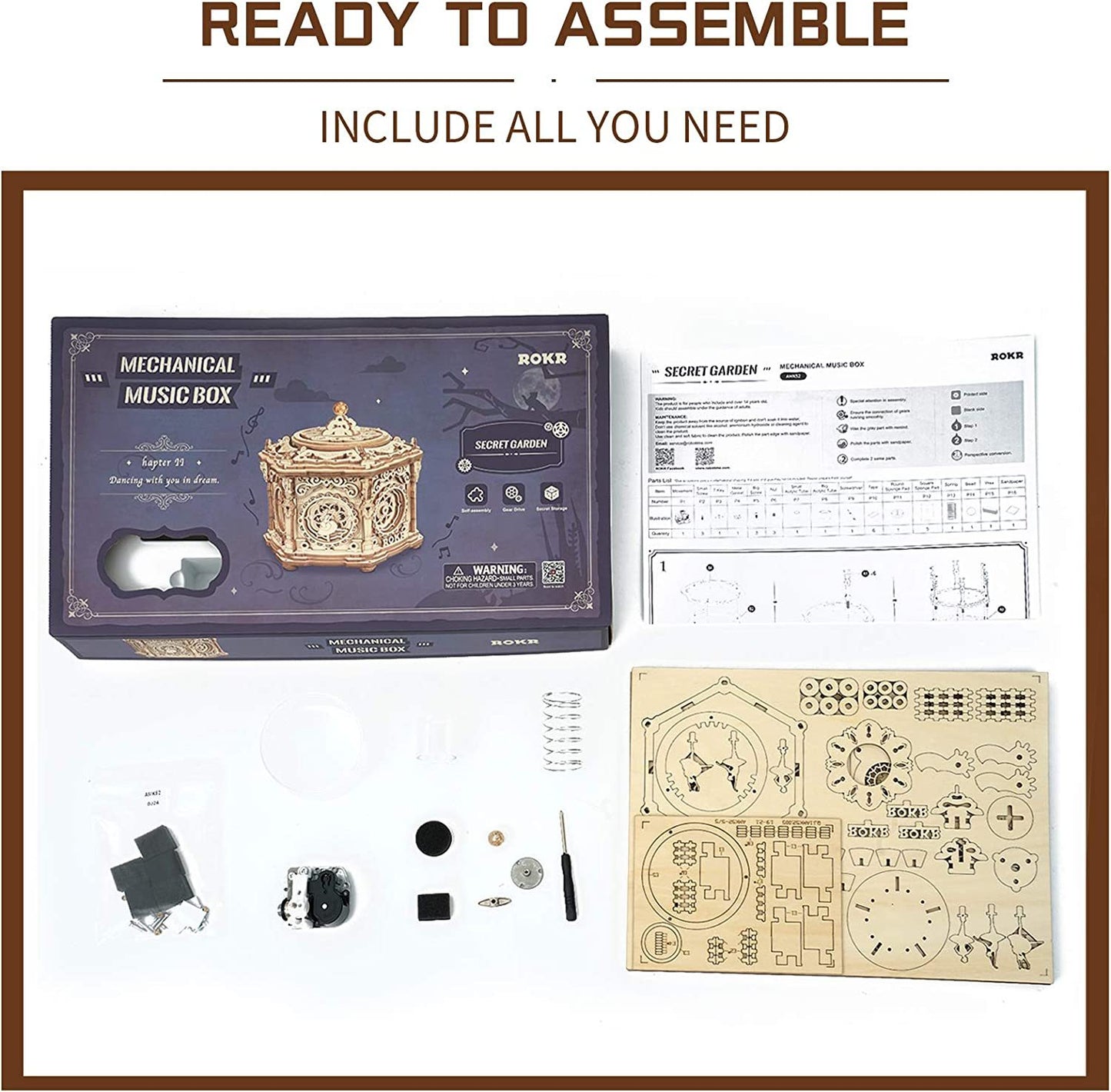 Robotime Rokr – Boîte à musique mécanique en bois 3D à assembler soi-même | Puzzle en bois pour adultes – Secret Garden
